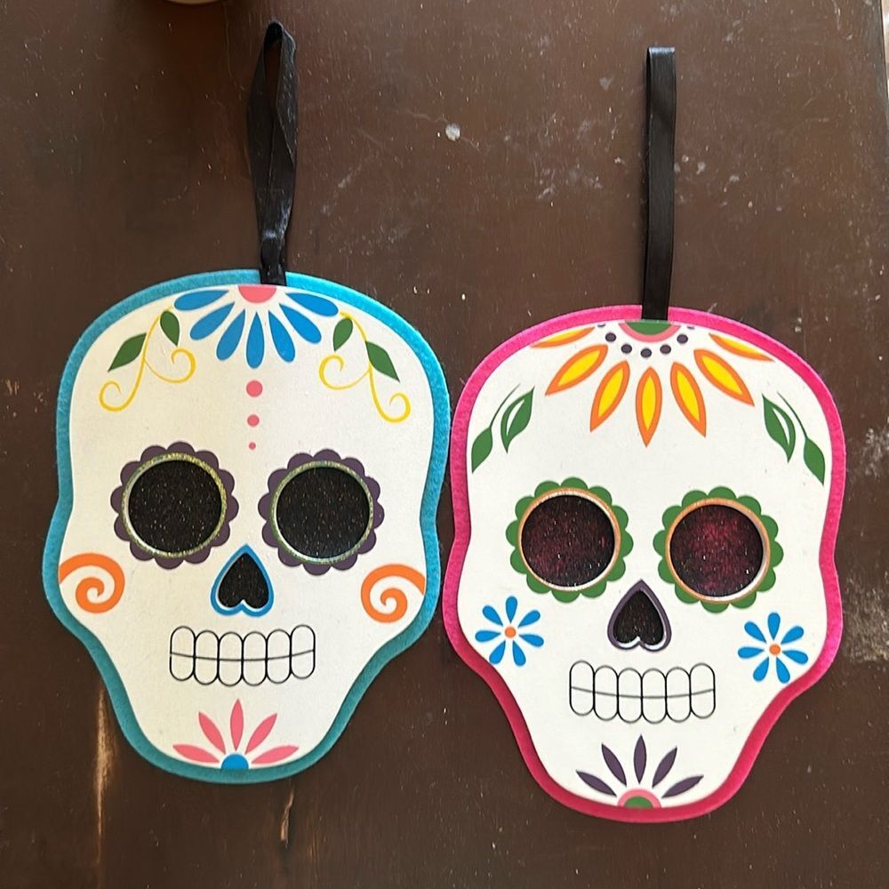 Dia de los Muertos Sugar Skull Wall Hangings Pink & Blue Wood Decor Set